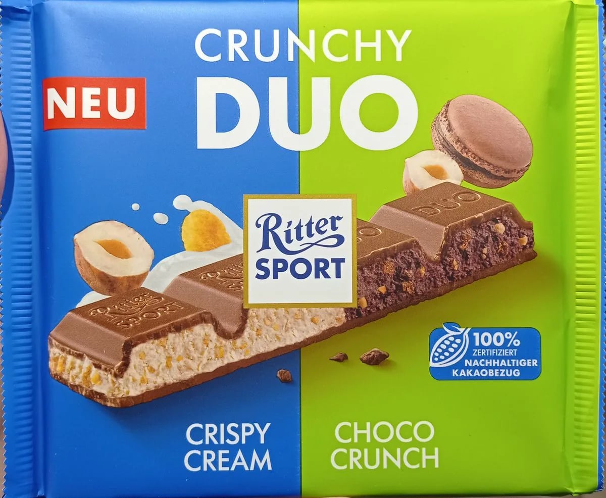 RITTER SPORT шоколад молочный 218г ОРЕХОВЫЙ КРЕМ С ХЛОПЬЯМИ/ФРАНЦУЗСКОЕ ПИРОЖНОЕ