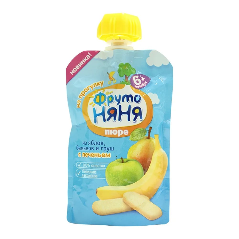 ФРУТОНЯНЯ НА ПРОГУЛКУ пюре 90г ЯБЛ ГРУША ПЕЧЕНЬЕ — фото 1