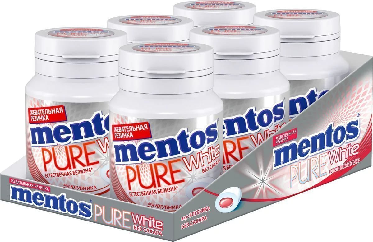 МЕНТОС PURE WHITE жевательная резинка 54г КЛУБНИКА