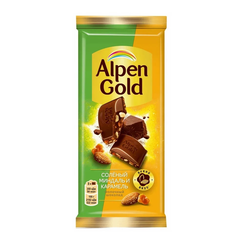 ALPEN GOLD шоколад 80г молочный миндаль и карамель — фото 1